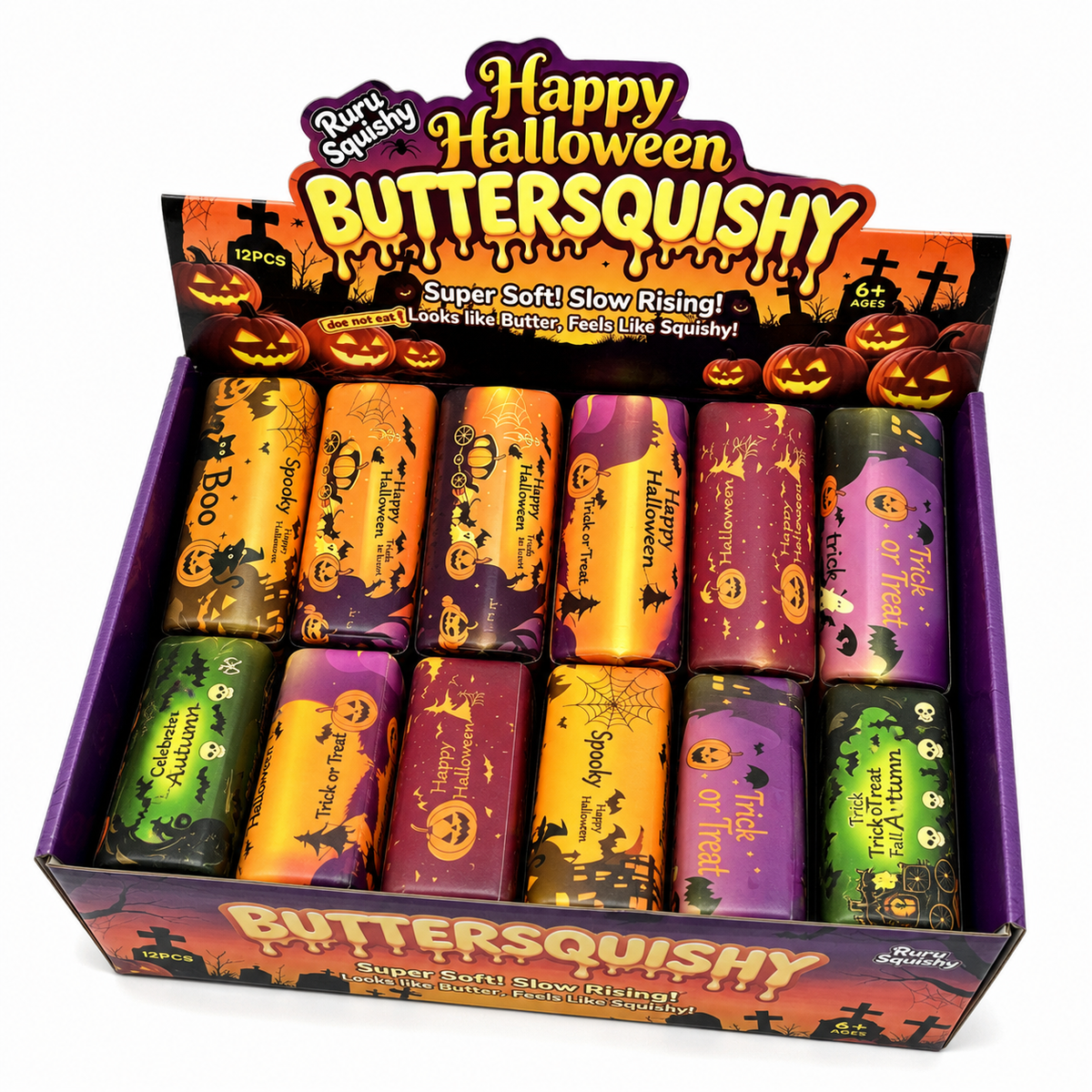 Open Halloween Butter Squishy display box containing 12 individually wrapped bars