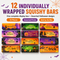 Twelve assorted Halloween squishy bars arranged in a three by four grid