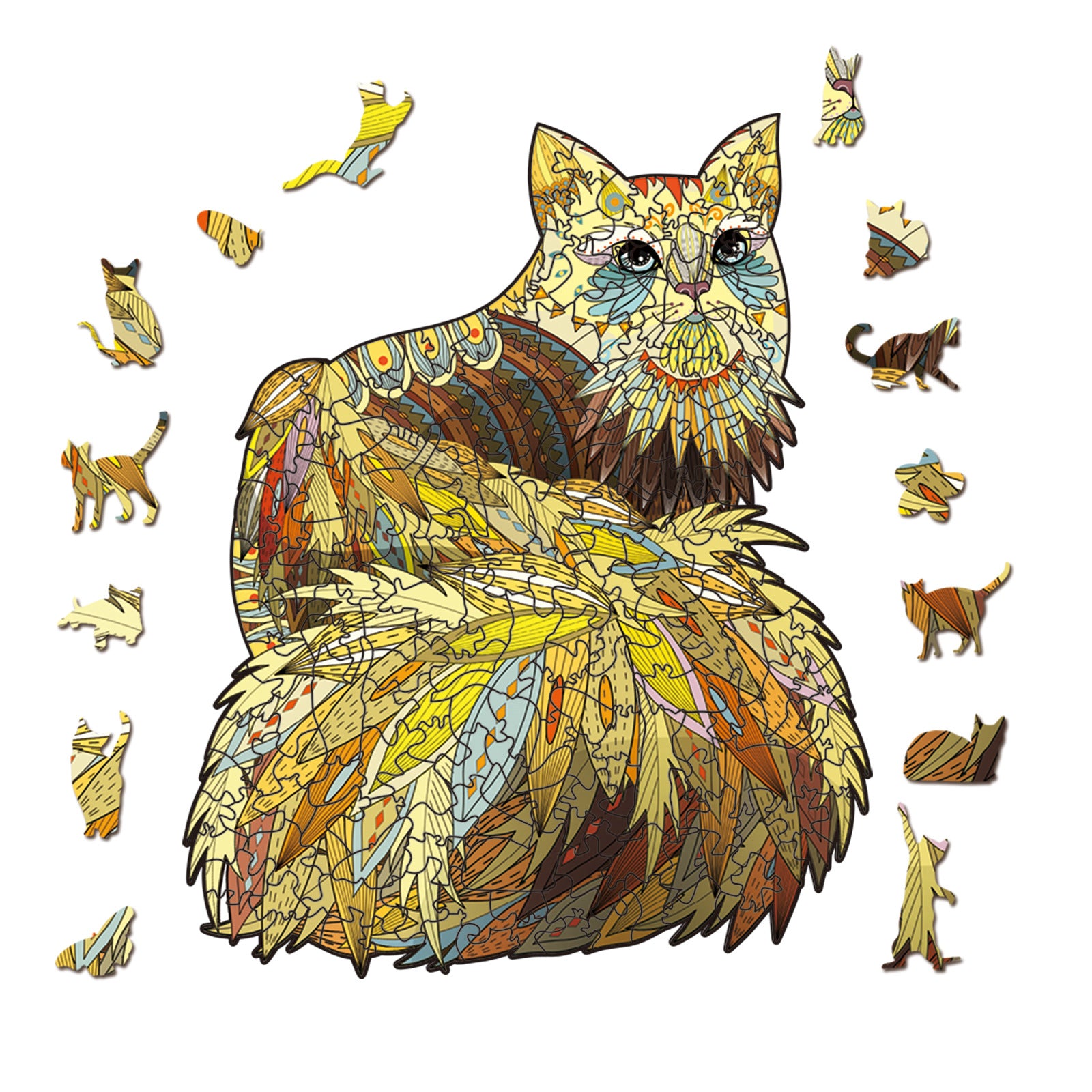 3D Golden Ragdoll Cat Wooden Puzzles Set - Irregular Shaped Brain Teasers for Kids & Adults (100/200/300PC)