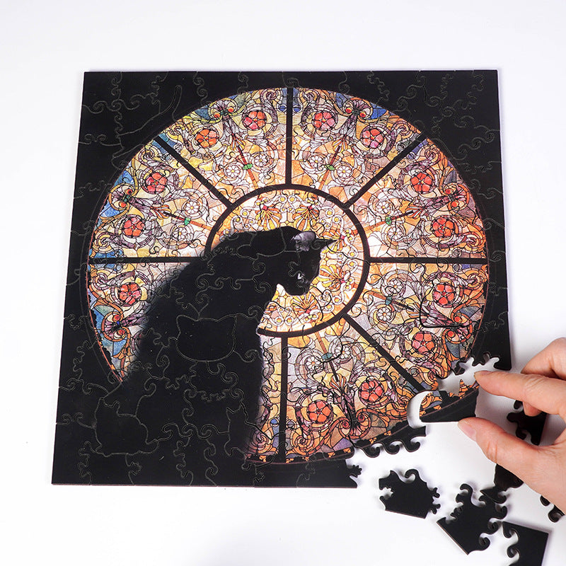 Cathedral Cat Wooden Jigsaw Puzzle - 108PC Stained Glass Anime Art for Collectors (Laser-Cut)