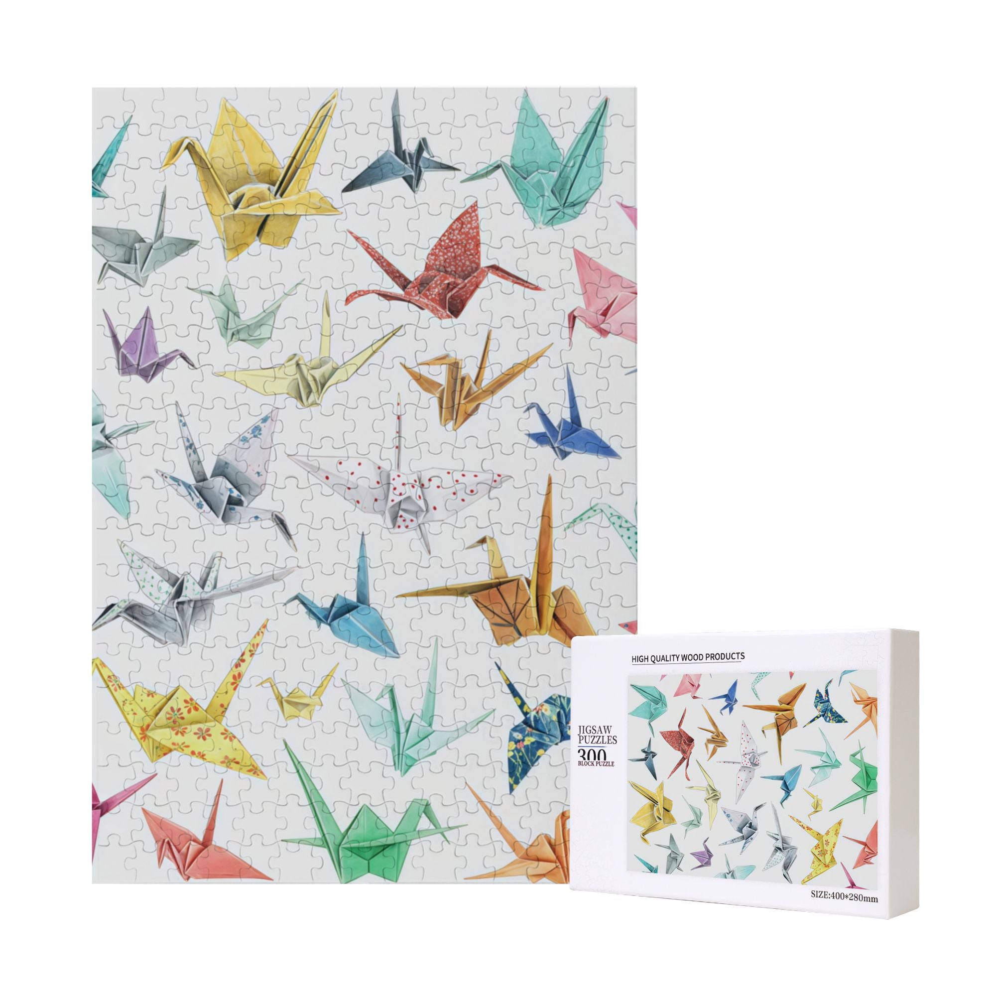 Origami Crane Wooden Puzzle 300/500/1000PC - Japanese Zen Wall Art with Gradient Colors & Gold Foil Details