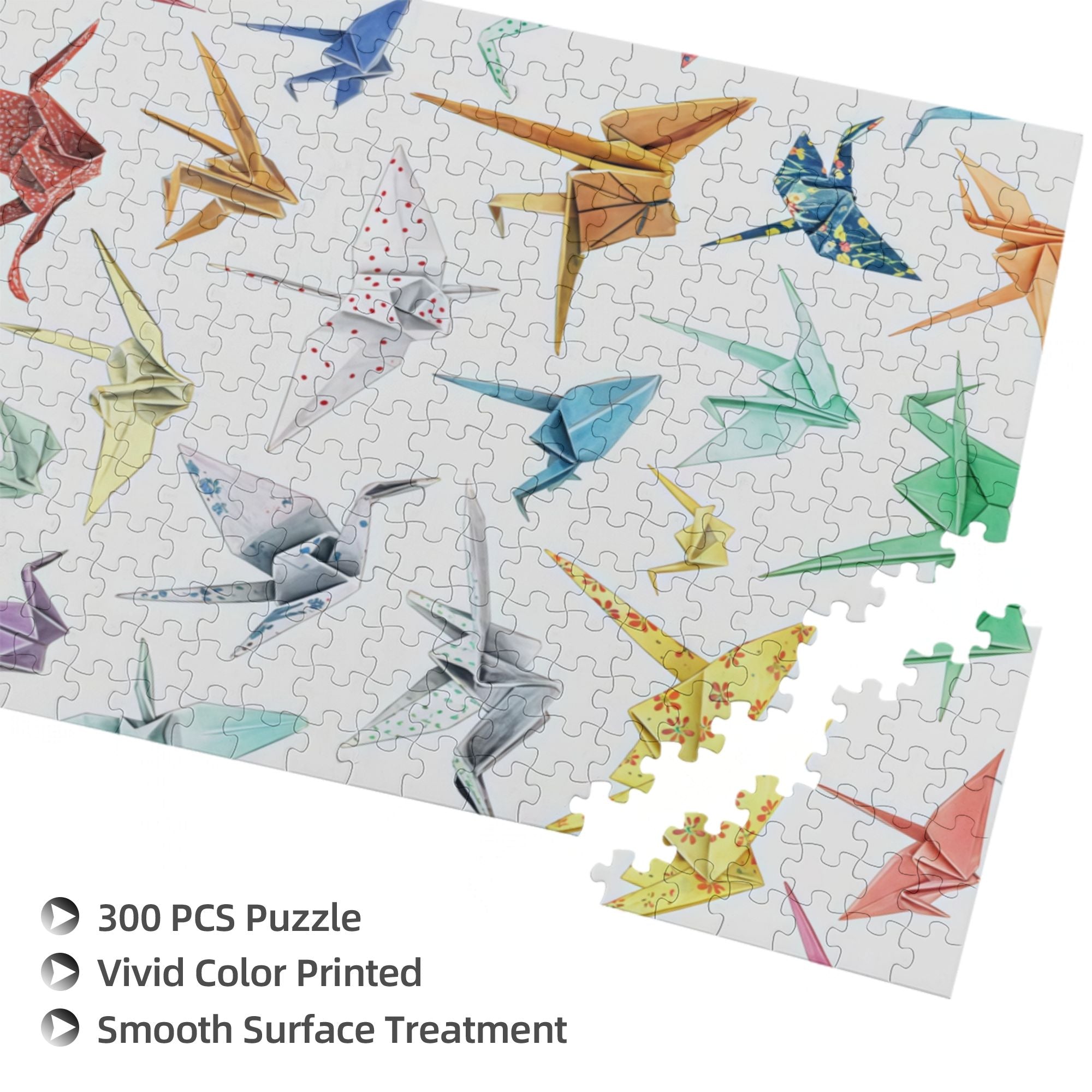 Origami Crane Wooden Puzzle 300/500/1000PC - Japanese Zen Wall Art with Gradient Colors & Gold Foil Details