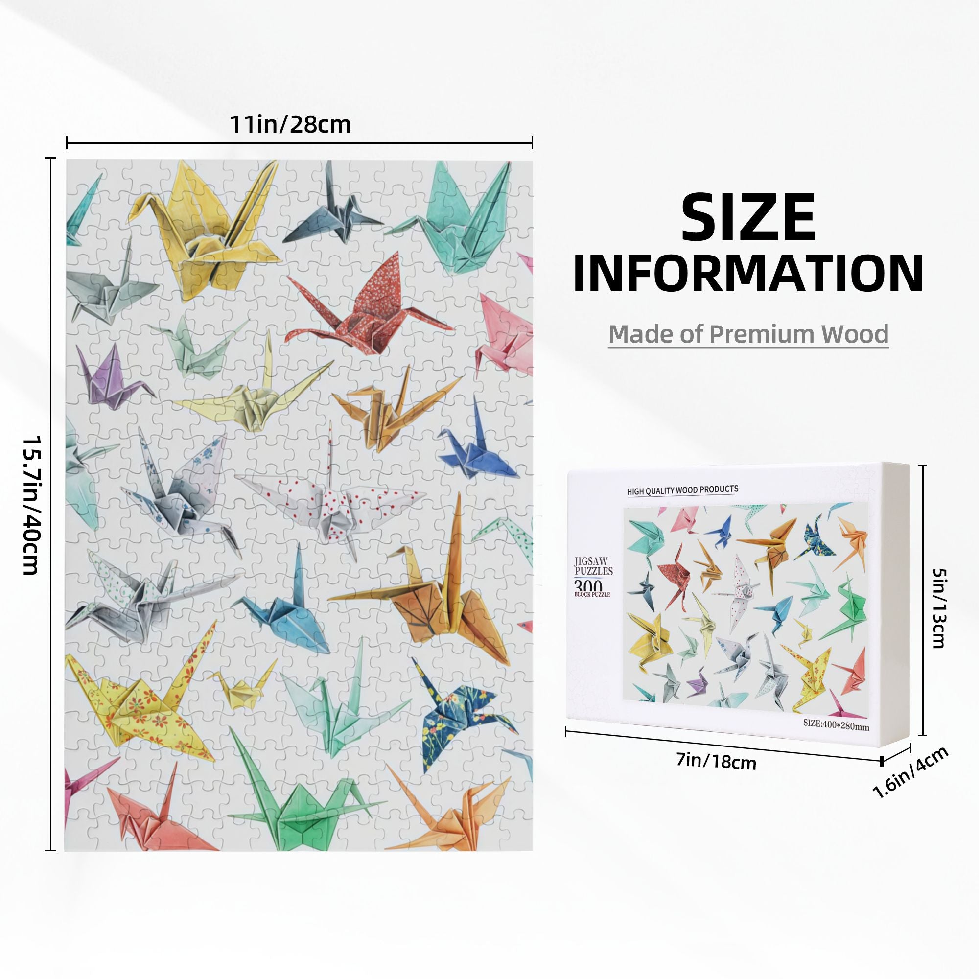 Origami Crane Wooden Puzzle 300/500/1000PC - Japanese Zen Wall Art with Gradient Colors & Gold Foil Details