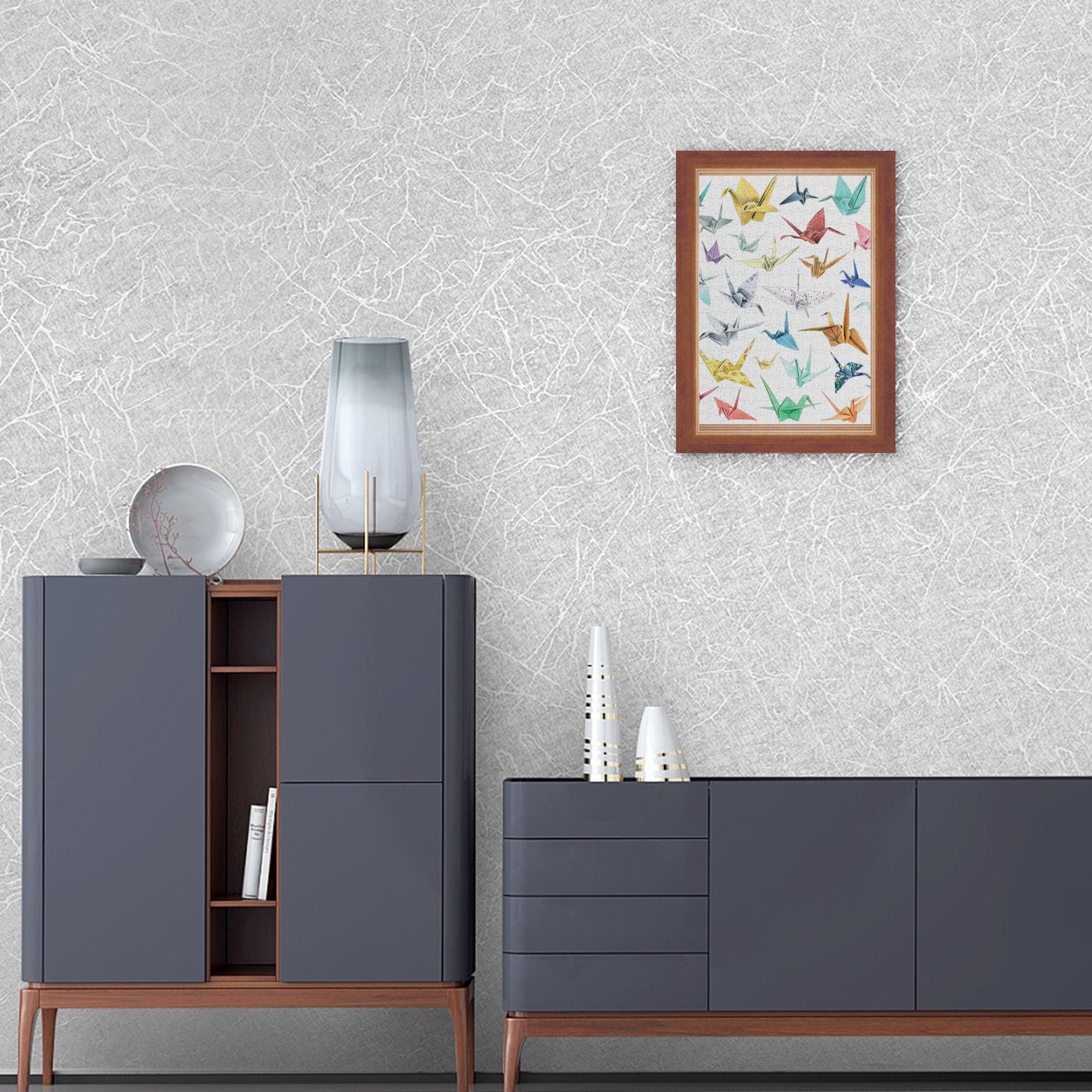 Origami Crane Wooden Puzzle 300/500/1000PC - Japanese Zen Wall Art with Gradient Colors & Gold Foil Details