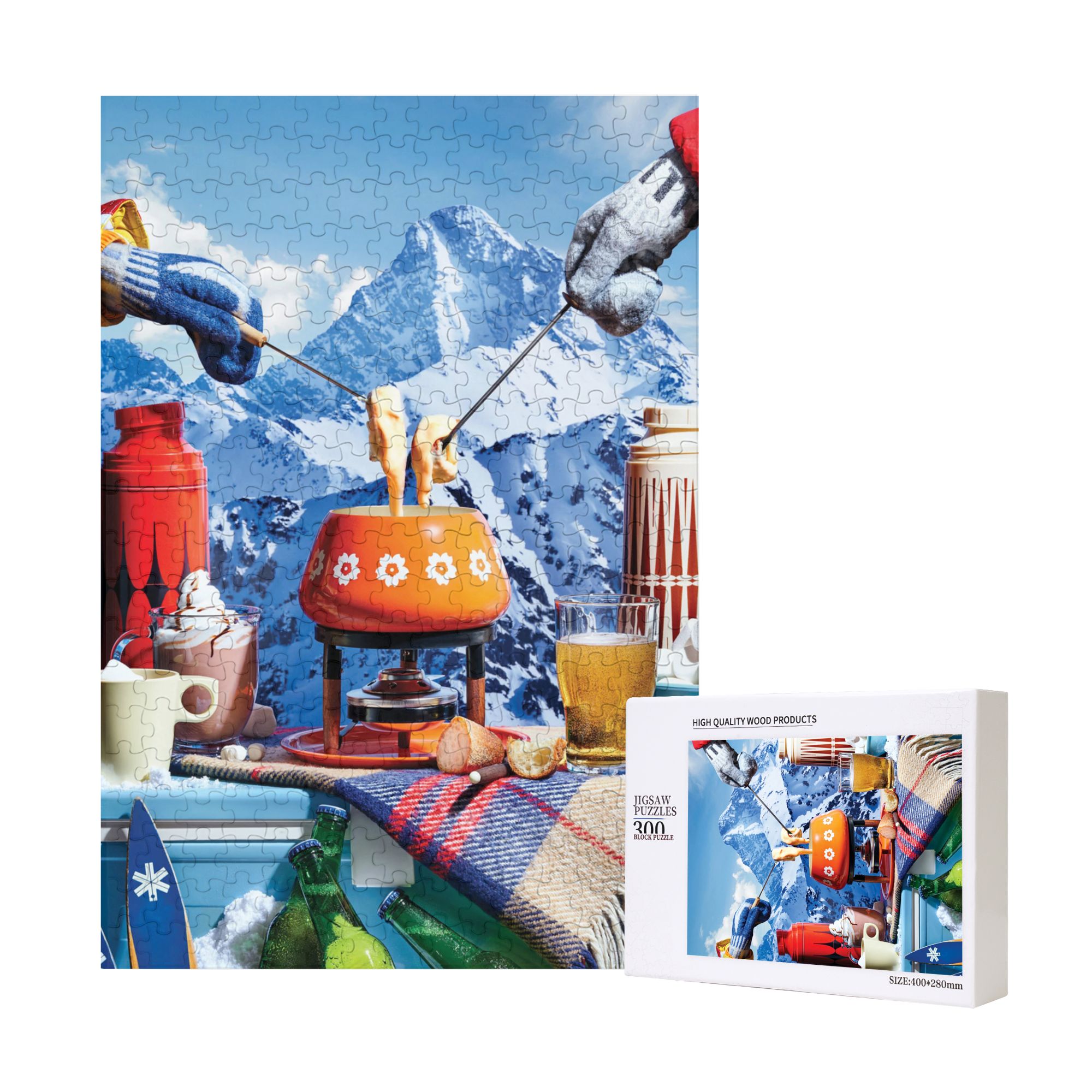 Alpine Winter Wooden Jigsaw Puzzles 300/500/1000PC - Cozy Cabin Scene with Hot Pot & Ski Decor Framable Art