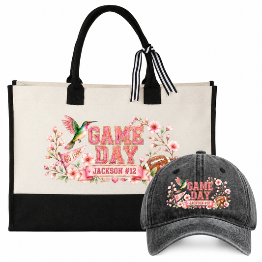 Personalized Floral Game Day Tote Bag and Cap Set - Black Pink product image 1