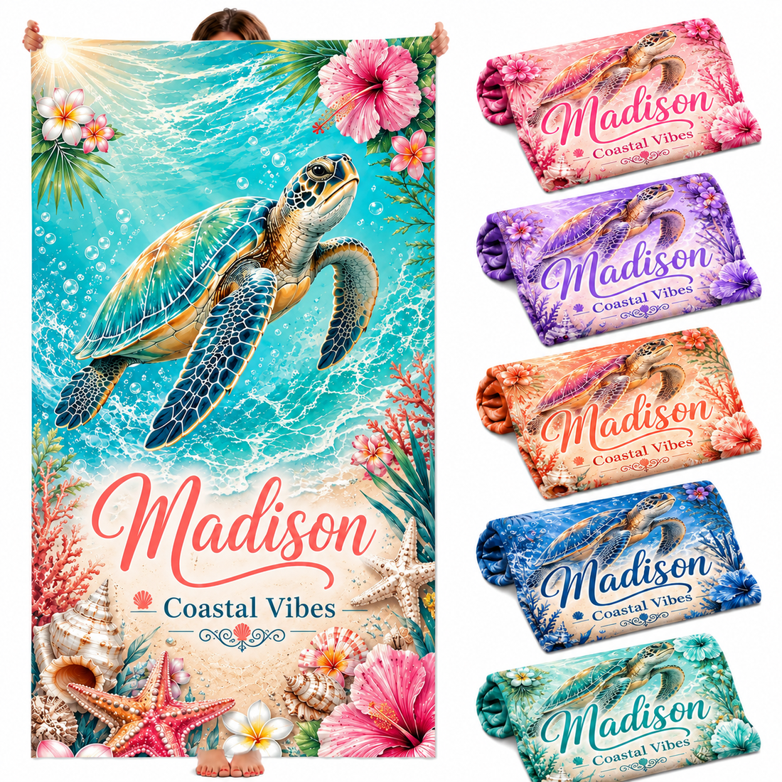 Personalized Aqua Turtle Beach Towel with Name - image 1