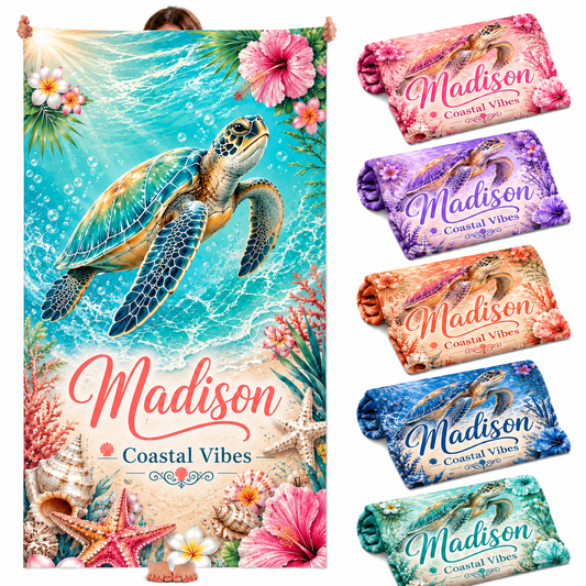 Personalized Aqua Turtle Beach Towel with Name - image 1