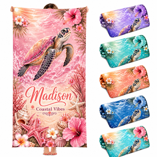 Personalized Pink Turtle Beach Towel with Name - image 1