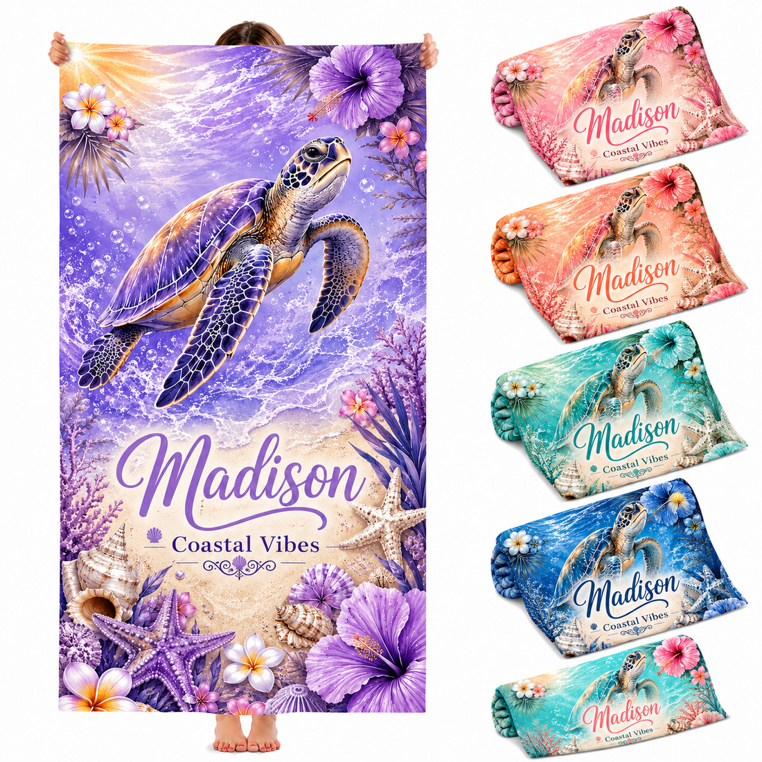 Personalized Purple Turtle Beach Towel with Name - image 1