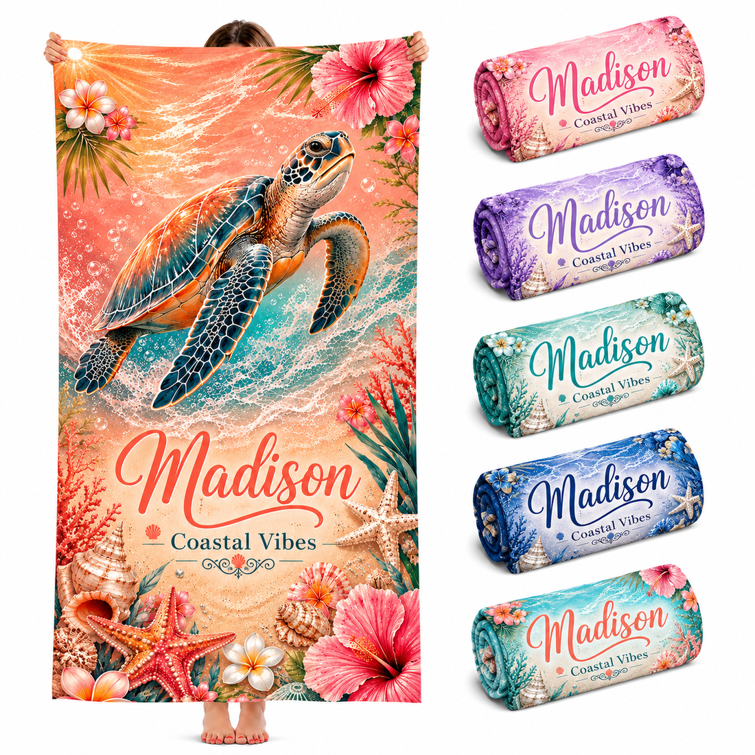 Personalized Coral Turtle Beach Towel with Name - image 1