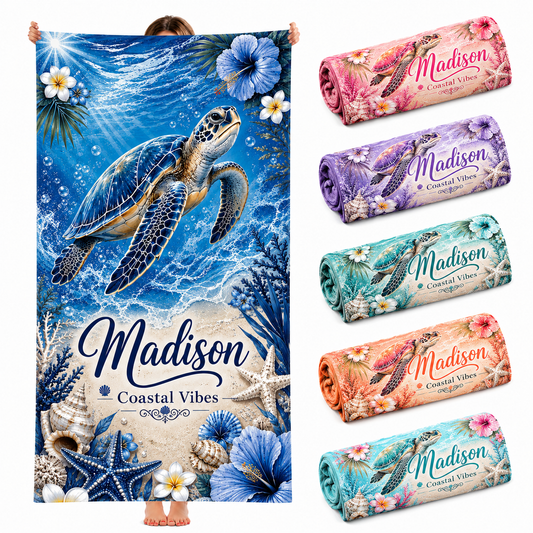 Personalized Navy Turtle Beach Towel with Name - image 1