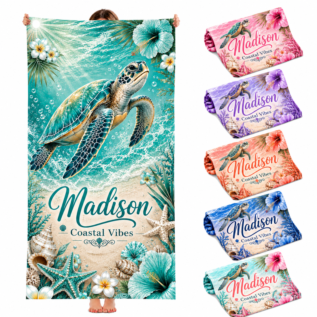 Personalized Teal Turtle Beach Towel with Name - image 1