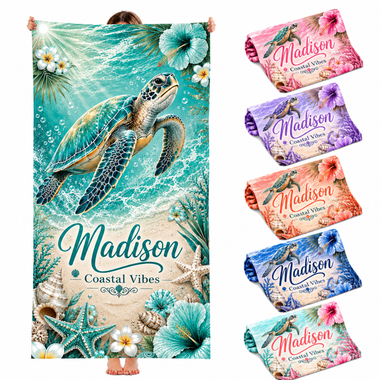 Personalized Teal Turtle Beach Towel with Name - image 1