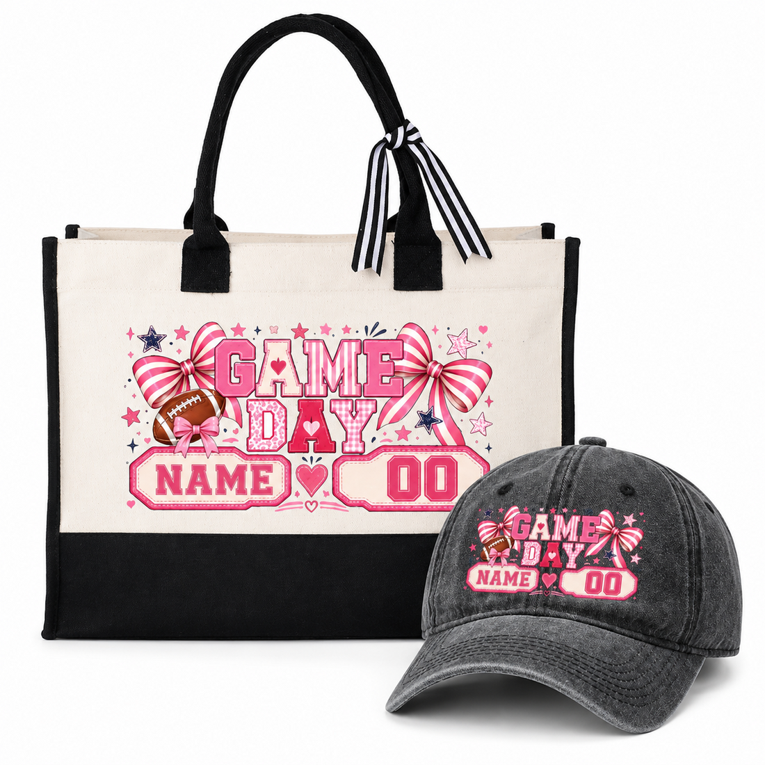 Personalized Pink Bow Game Day Tote Bag and Cap Set - Gray product image 3