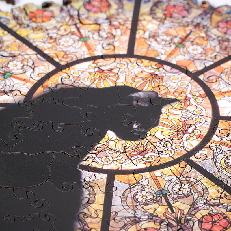 Cathedral Cat Wooden Jigsaw Puzzle - 108PC Stained Glass Anime Art for Collectors (Laser-Cut)