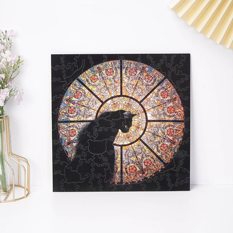 Cathedral Cat Wooden Jigsaw Puzzle - 108PC Stained Glass Anime Art for Collectors (Laser-Cut)