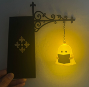 Reading ghost bookshelf lantern glowing warmly in a dim room