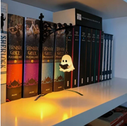 Ghost reading lantern mounted beside books on a shelf